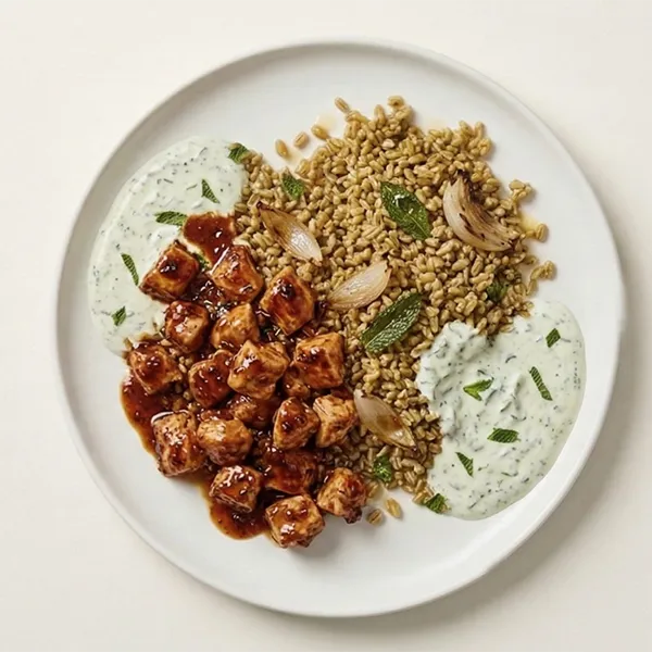 Pomegranate Molasses Chicken with Freekeh and Minted Yogurt